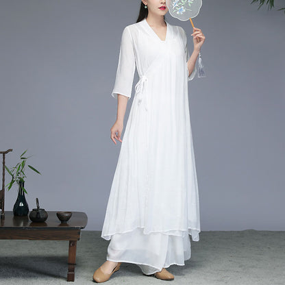 Buddha Stones Hanfu Style Midi Dress Wide Leg Pants Meditation Zen Practice Yoga Dance Clothing
