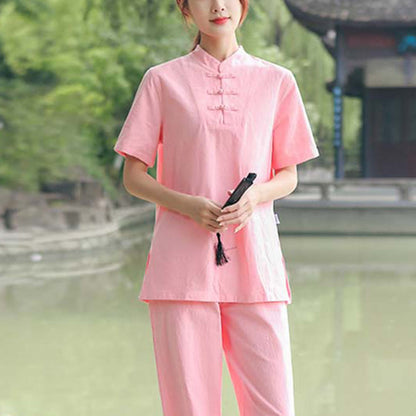 Buddha Stones 2Pcs Women's Short Sleeve Shirt Top T-Shirt Pants Meditation Zen Tai Chi Cotton Linen Clothing Set