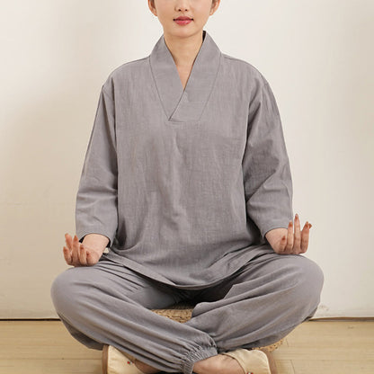 Buddha Stones 2Pcs V-Neck Three Quarter Sleeve Shirt Top Pants Meditation Zen Tai Chi Clothing Women's Set