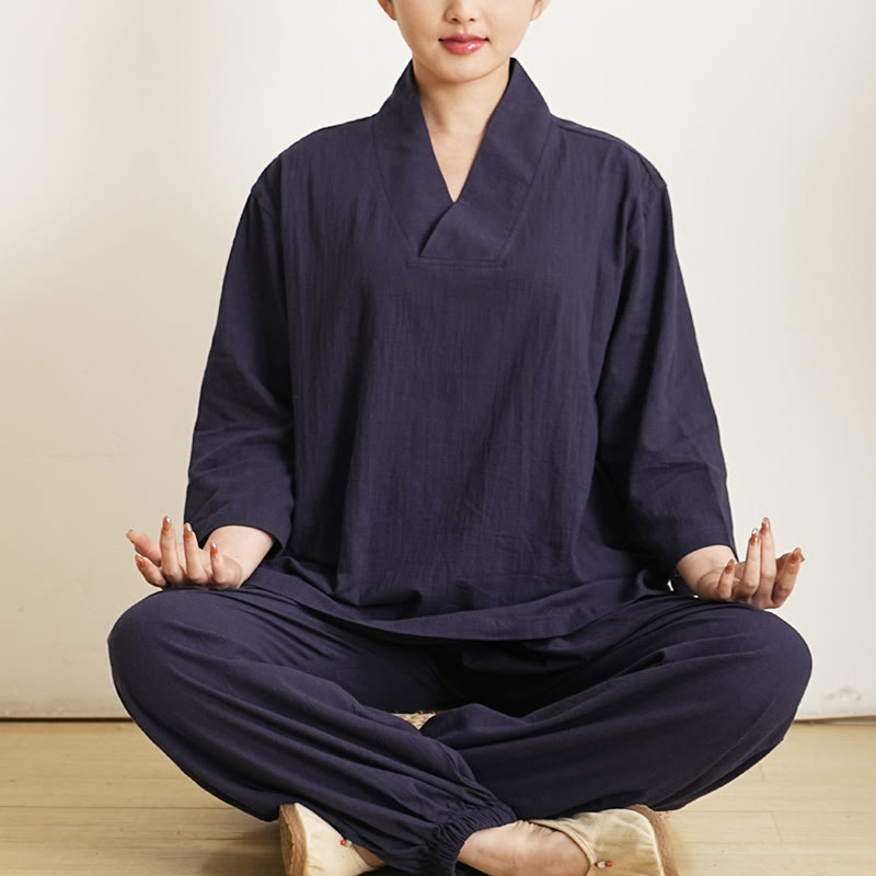 Buddha Stones 2Pcs V-Neck Three Quarter Sleeve Shirt Top Pants Meditation Zen Tai Chi Clothing Women's Set