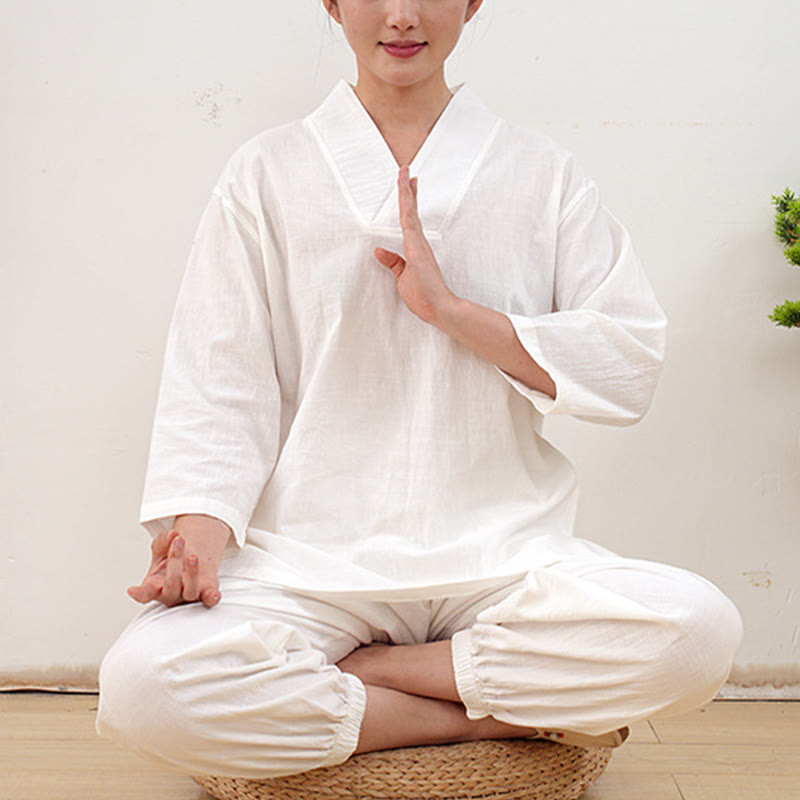 Buddha Stones 2Pcs V-Neck Three Quarter Sleeve Shirt Top Pants Meditation Zen Tai Chi Clothing Women's Set