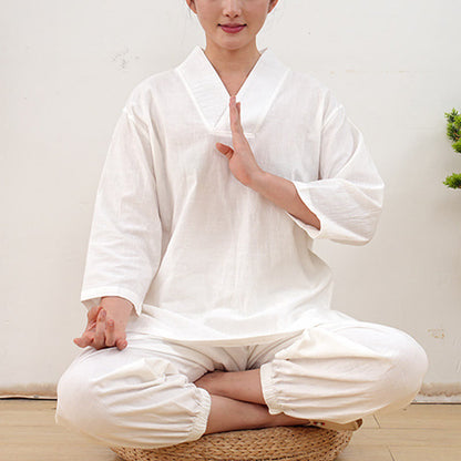 Buddha Stones 2Pcs V-Neck Three Quarter Sleeve Shirt Top Pants Meditation Zen Tai Chi Clothing Women's Set