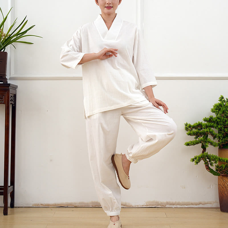 Buddha Stones 2Pcs V-Neck Three Quarter Sleeve Shirt Top Pants Meditation Zen Tai Chi Clothing Women's Set