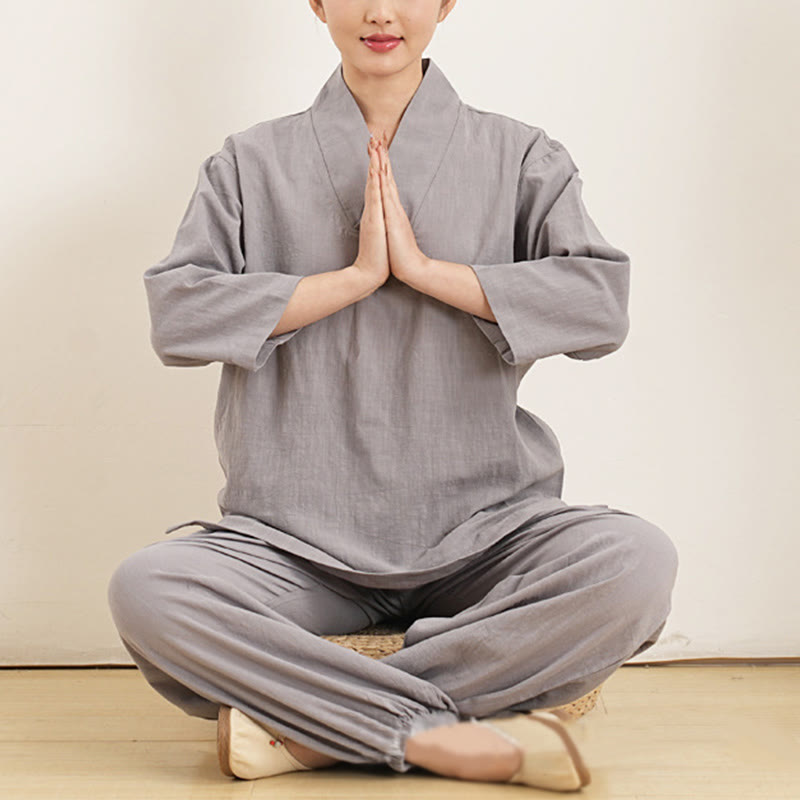 Buddha Stones 2Pcs V-Neck Three Quarter Sleeve Shirt Top Pants Meditation Zen Tai Chi Clothing Women's Set