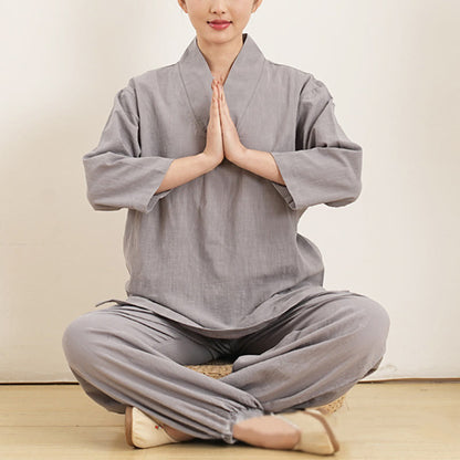 Buddha Stones 2Pcs V-Neck Three Quarter Sleeve Shirt Top Pants Meditation Zen Tai Chi Clothing Women's Set