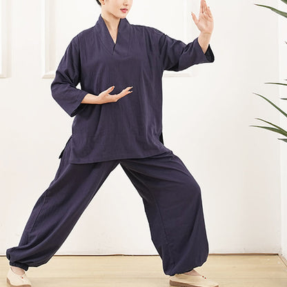 Buddha Stones 2Pcs V-Neck Three Quarter Sleeve Shirt Top Pants Meditation Zen Tai Chi Clothing Women's Set