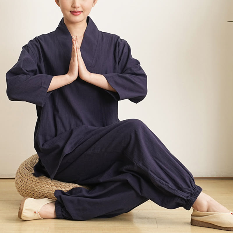 Buddha Stones 2Pcs V-Neck Three Quarter Sleeve Shirt Top Pants Meditation Zen Tai Chi Clothing Women's Set