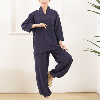 Buddha Stones 2Pcs V-Neck Three Quarter Sleeve Shirt Top Pants Meditation Zen Tai Chi Clothing Women's Set