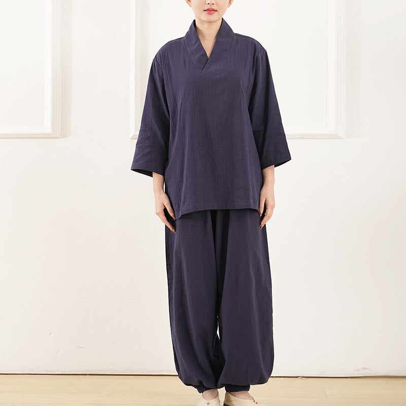 Buddha Stones 2Pcs V-Neck Three Quarter Sleeve Shirt Top Pants Meditation Zen Tai Chi Clothing Women's Set