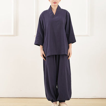 Buddha Stones 2Pcs V-Neck Three Quarter Sleeve Shirt Top Pants Meditation Zen Tai Chi Clothing Women's Set