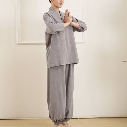 Buddha Stones 2Pcs V-Neck Three Quarter Sleeve Shirt Top Pants Meditation Zen Tai Chi Clothing Women's Set