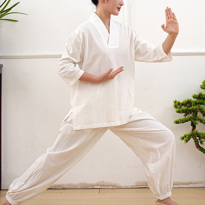 Buddha Stones 2Pcs V-Neck Three Quarter Sleeve Shirt Top Pants Meditation Zen Tai Chi Clothing Women's Set