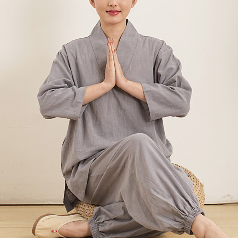 Buddha Stones 2Pcs V-Neck Three Quarter Sleeve Shirt Top Pants Meditation Zen Tai Chi Clothing Women's Set