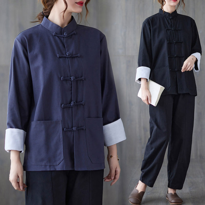 Buddha Stones Women's Frog-Button Long Sleeve Shirt Pants Meditation Clothing