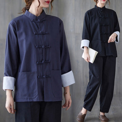 Buddha Stones Women's Frog-Button Long Sleeve Shirt Pants Meditation Clothing