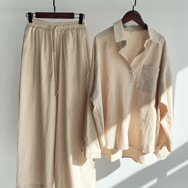 Buddha Stones 2Pcs Long Sleeve Shirt Top With Pockets Drawstring Capri Pants Meditation Cotton Clothing Women's Set