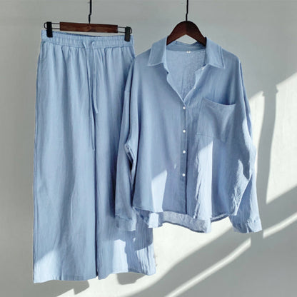 Buddha Stones 2Pcs Long Sleeve Shirt Top With Pockets Drawstring Capri Pants Meditation Cotton Clothing Women's Set