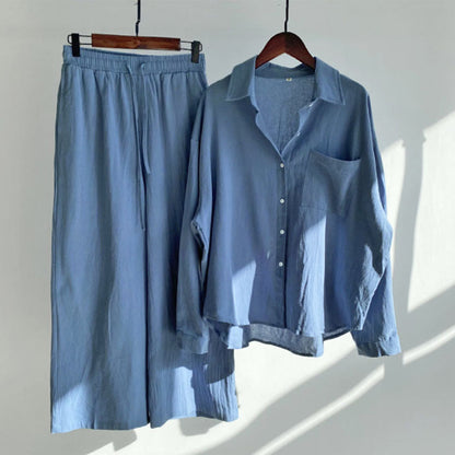 Buddha Stones 2Pcs Long Sleeve Shirt Top With Pockets Drawstring Capri Pants Meditation Cotton Clothing Women's Set