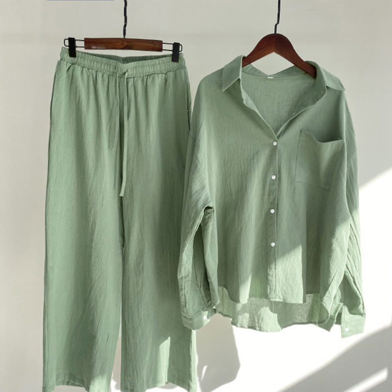 Buddha Stones 2Pcs Long Sleeve Shirt Top With Pockets Drawstring Capri Pants Meditation Cotton Clothing Women's Set
