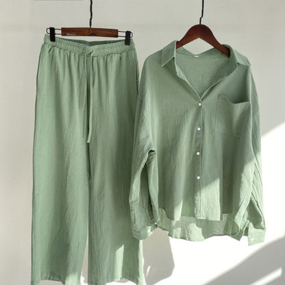 Buddha Stones 2Pcs Long Sleeve Shirt Top With Pockets Drawstring Capri Pants Meditation Cotton Clothing Women's Set
