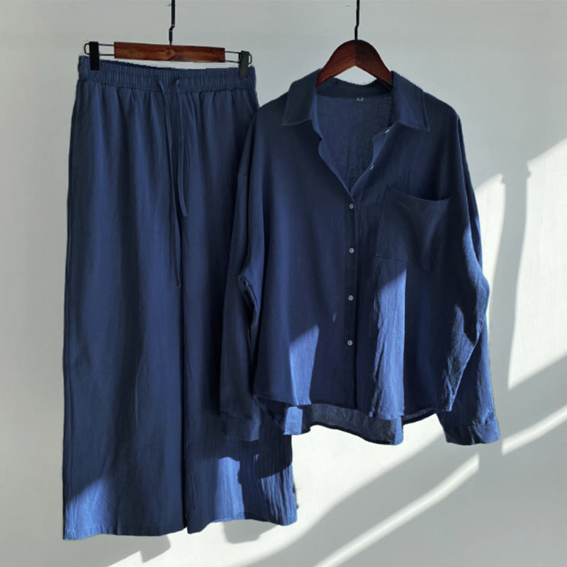 Buddha Stones 2Pcs Long Sleeve Shirt Top With Pockets Drawstring Capri Pants Meditation Cotton Clothing Women's Set