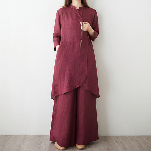 Buddha Stones 2Pcs Three Quarter Sleeve Shirt Top Pants Meditation Zen Tai Chi Cotton Linen Clothing Women's Set