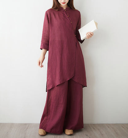 Buddha Stones 2Pcs Three Quarter Sleeve Shirt Top Pants Meditation Zen Tai Chi Cotton Linen Clothing Women's Set