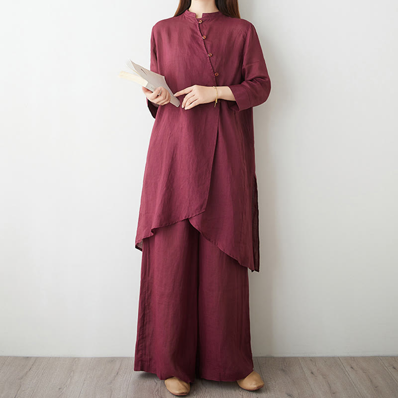 Buddha Stones 2Pcs Three Quarter Sleeve Shirt Top Pants Meditation Zen Tai Chi Cotton Linen Clothing Women's Set