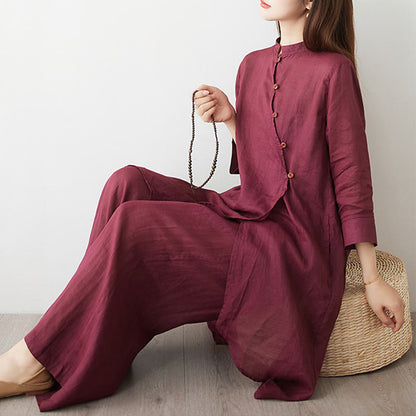 Buddha Stones 2Pcs Three Quarter Sleeve Shirt Top Pants Meditation Zen Tai Chi Cotton Linen Clothing Women's Set