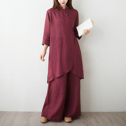 Buddha Stones 2Pcs Three Quarter Sleeve Shirt Top Pants Meditation Zen Tai Chi Cotton Linen Clothing Women's Set