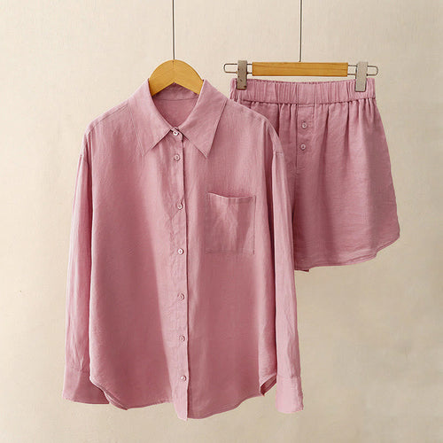 Buddha Stones Summer 2pcs Plain Long Sleeve Shirt Top Shorts Meditation Clothing Women's Set With Pockets