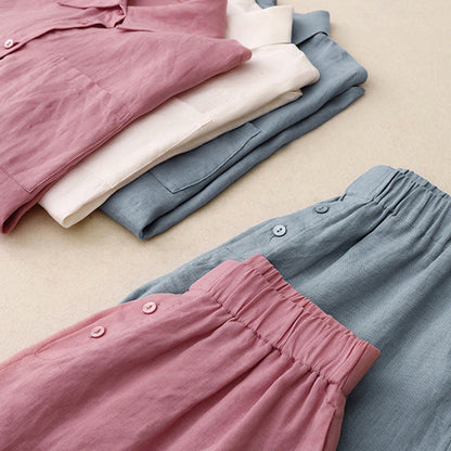 Buddha Stones Summer 2pcs Plain Long Sleeve Shirt Top Shorts Meditation Clothing Women's Set With Pockets