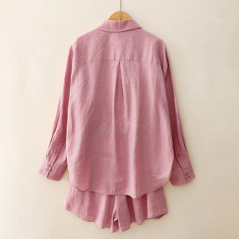 Buddha Stones Summer 2pcs Plain Long Sleeve Shirt Top Shorts Meditation Clothing Women's Set With Pockets