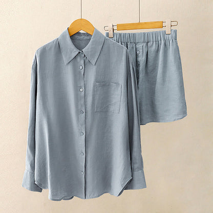 Buddha Stones Summer 2pcs Plain Long Sleeve Shirt Top Shorts Meditation Clothing Women's Set With Pockets