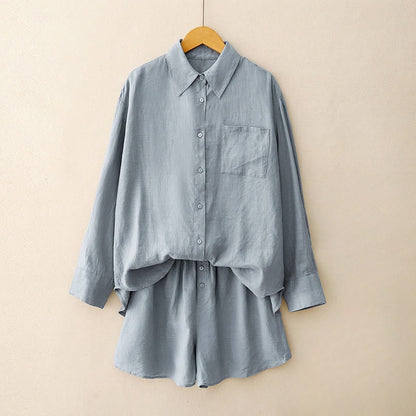 Buddha Stones Summer 2pcs Plain Long Sleeve Shirt Top Shorts Meditation Clothing Women's Set With Pockets