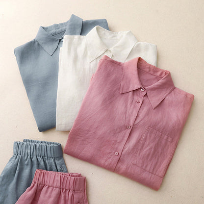 Buddha Stones Summer 2pcs Plain Long Sleeve Shirt Top Shorts Meditation Clothing Women's Set With Pockets