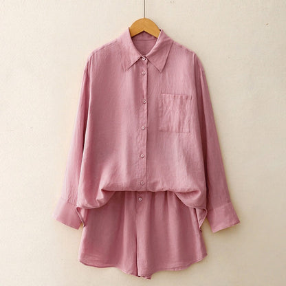 Buddha Stones Summer 2pcs Plain Long Sleeve Shirt Top Shorts Meditation Clothing Women's Set With Pockets