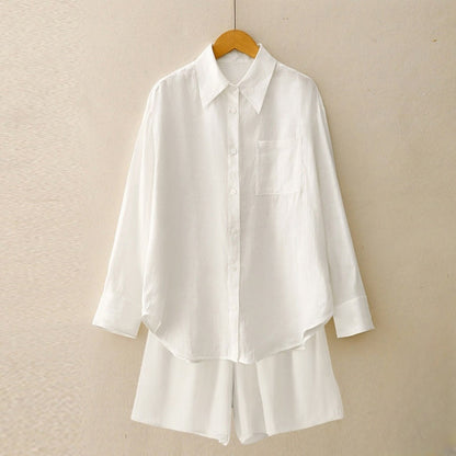 Buddha Stones Summer 2pcs Plain Long Sleeve Shirt Top Shorts Meditation Clothing Women's Set With Pockets
