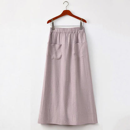 Buddha Stones 2Pcs Buttons Short Sleeve Shirt Top Skirt With Pockets Meditation Cotton Women's Set
