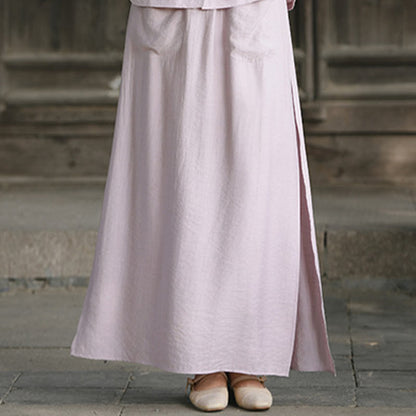 Buddha Stones 2Pcs Buttons Short Sleeve Shirt Top Skirt With Pockets Meditation Cotton Women's Set