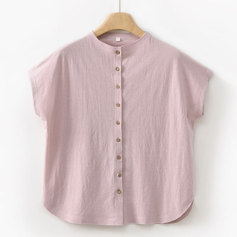 Buddha Stones 2Pcs Buttons Short Sleeve Shirt Top Skirt With Pockets Meditation Cotton Women's Set