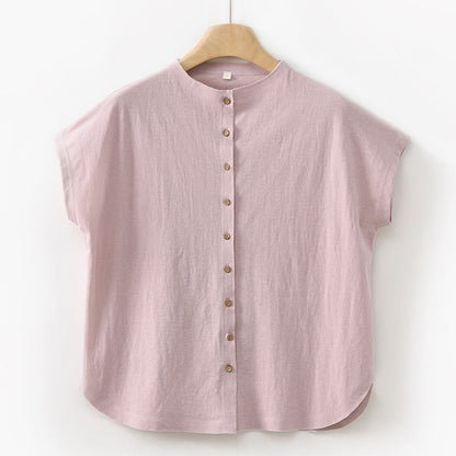 Buddha Stones 2Pcs Buttons Short Sleeve Shirt Top Skirt With Pockets Meditation Cotton Women's Set