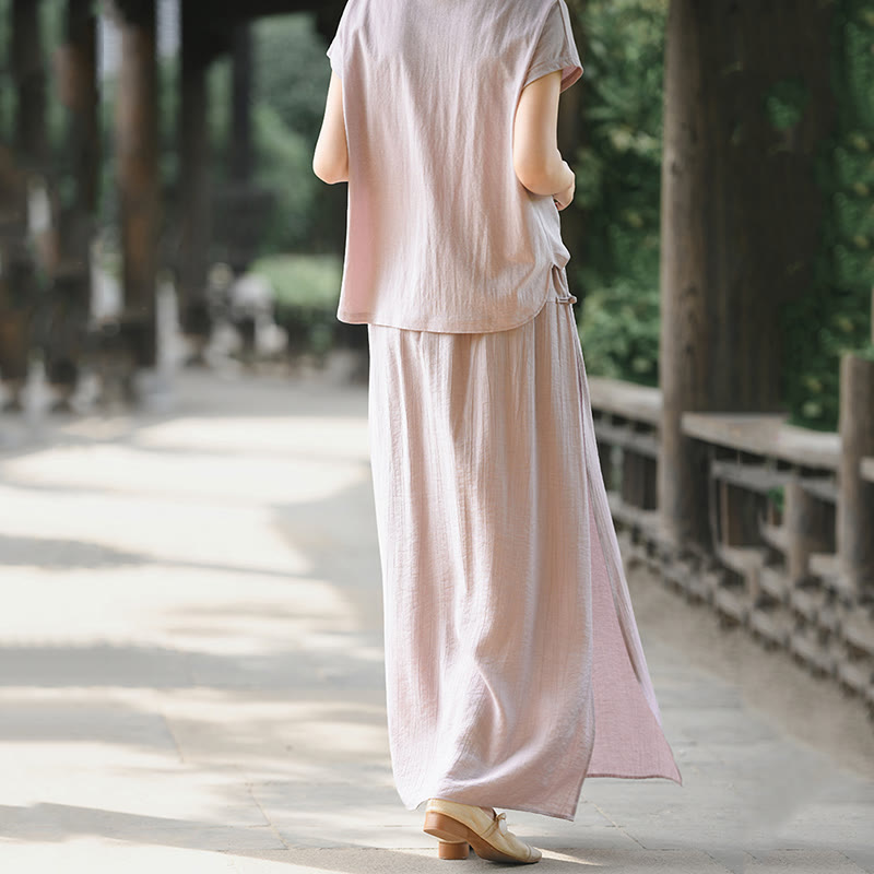Buddha Stones 2Pcs Buttons Short Sleeve Shirt Top Skirt With Pockets Meditation Cotton Women's Set
