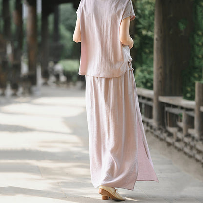 Buddha Stones 2Pcs Buttons Short Sleeve Shirt Top Skirt With Pockets Meditation Cotton Women's Set