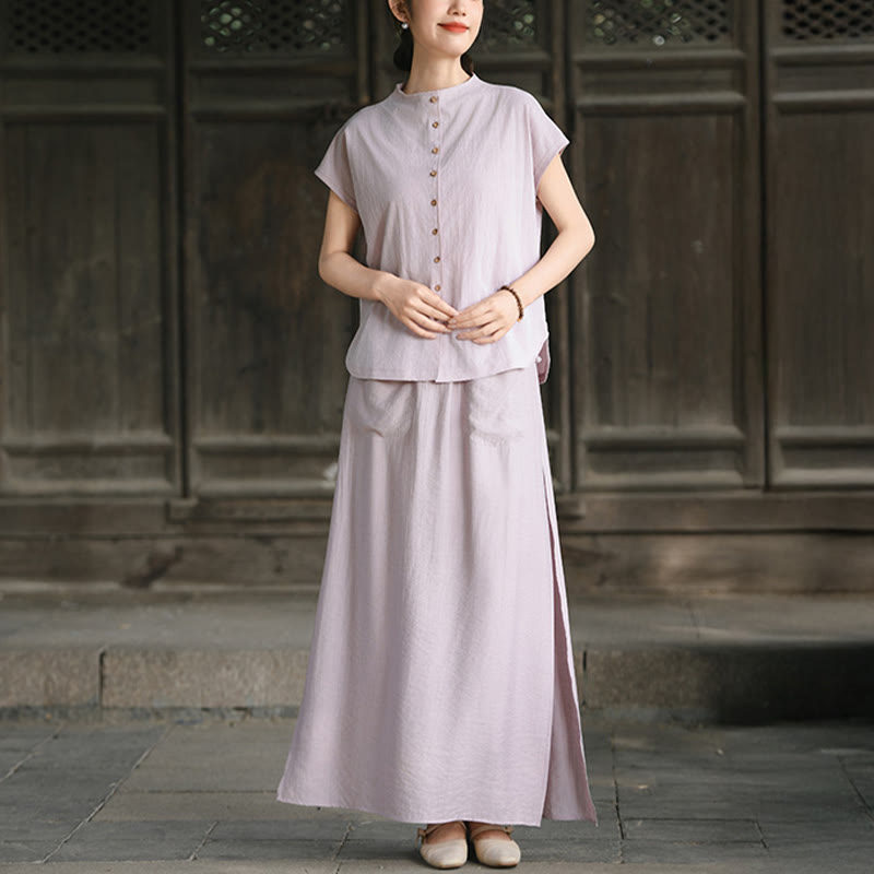Buddha Stones 2Pcs Buttons Short Sleeve Shirt Top Skirt With Pockets Meditation Cotton Women's Set