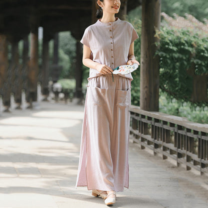 Buddha Stones 2Pcs Buttons Short Sleeve Shirt Top Skirt With Pockets Meditation Cotton Women's Set