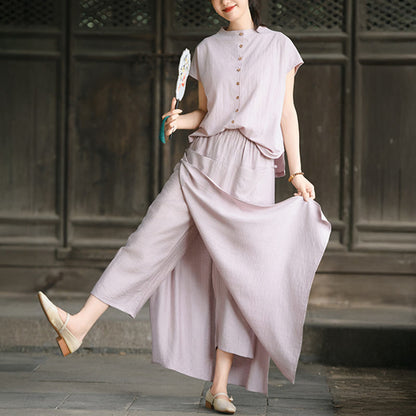 Buddha Stones 2Pcs Buttons Short Sleeve Shirt Top Skirt With Pockets Meditation Cotton Women's Set