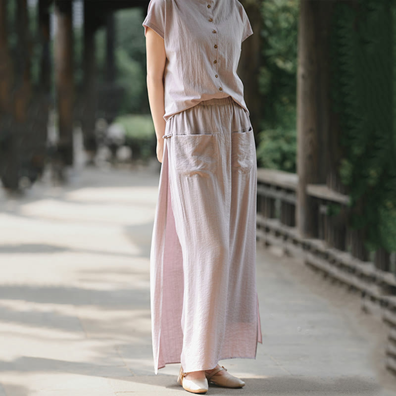 Buddha Stones 2Pcs Buttons Short Sleeve Shirt Top Skirt With Pockets Meditation Cotton Women's Set