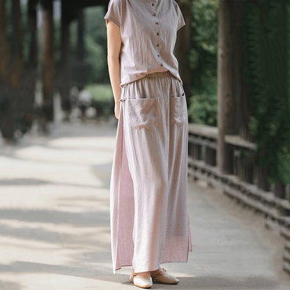 Buddha Stones 2Pcs Buttons Short Sleeve Shirt Top Skirt With Pockets Meditation Cotton Women's Set