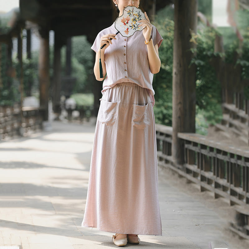 Buddha Stones 2Pcs Buttons Short Sleeve Shirt Top Skirt With Pockets Meditation Cotton Women's Set